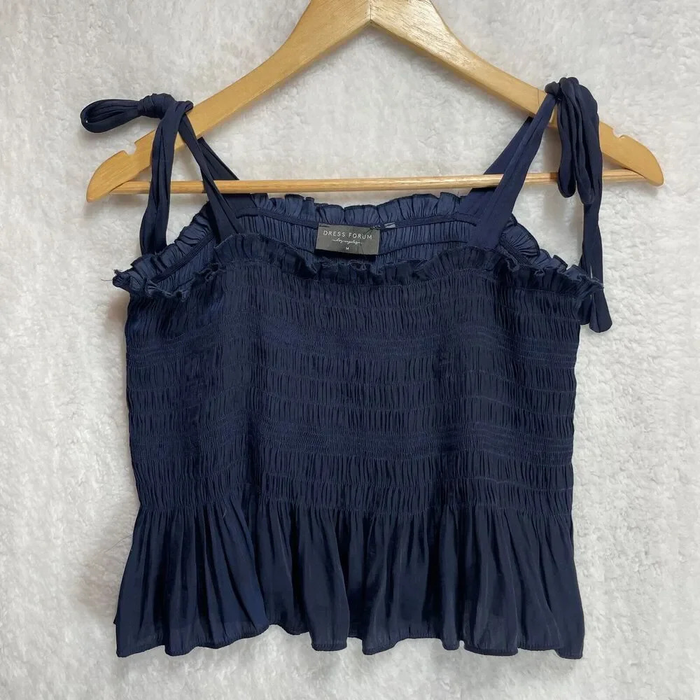Dress Forum Smocked Ruffle Cami Top Size Medium‎ Navy Blue Crop Top Feminine